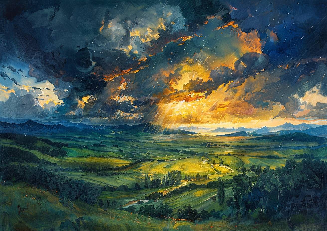 Vibrant polychromatic painting, dark storm clouds gather over the Carpathian mountains, rumbling thunder, golden highlights, wet-on-wet effect, strong visual flow