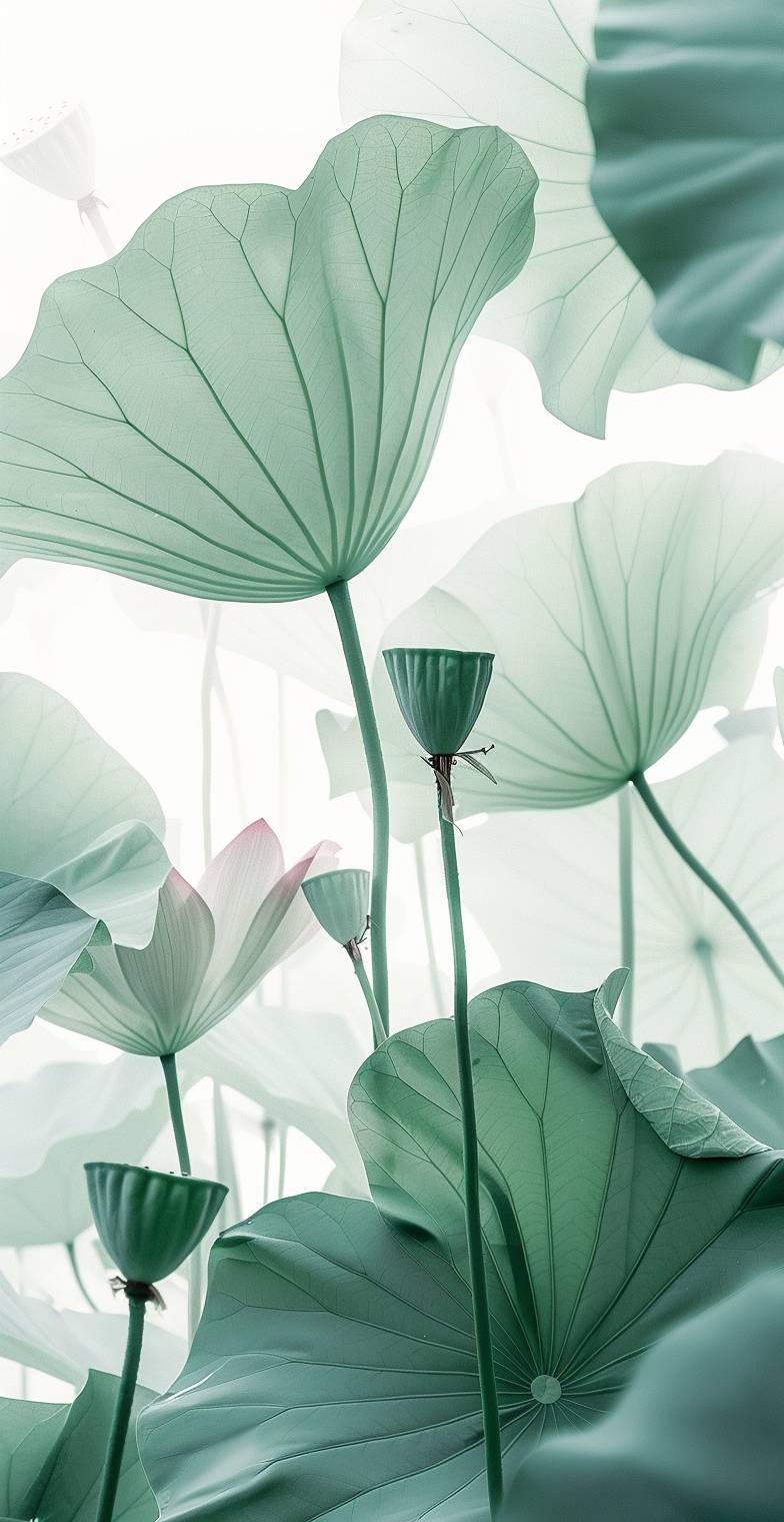 In the center of the picture is a lotus leaf, with several slender green leaves on both sides. The background color has a light white and gray gradient effect. It's very ethereal, with soft tones, and the lotus flower pattern forms a light green hue. High definition photography style, delicate details. White space at the top left corner. Soft lighting creates an atmosphere of tranquility and elegance in the style of Tobacco ID.