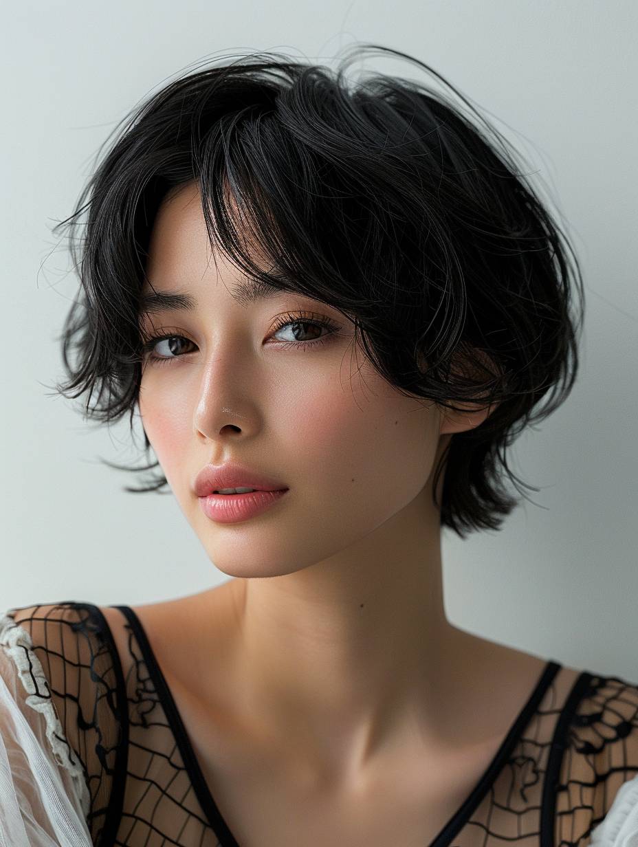 Japanese woman, cute, salon model, short hair, black hair color, looking slightly diagonally, white background, light shining on it.