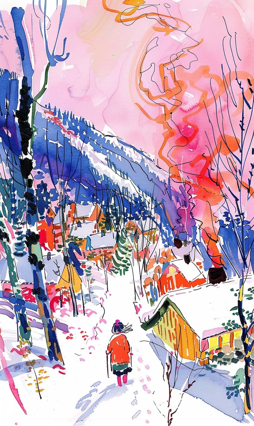 A young girl in a snow-covered mountain village during winter, cozy wooden houses, smoke rising from chimneys, with soft twilight casting a magical glow