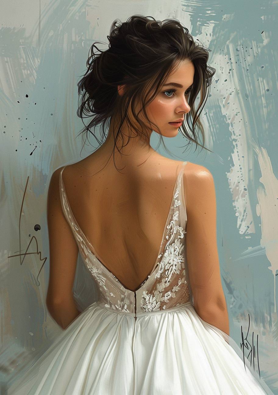 A detailed and realistic illustration of women in wedding dresses, individual images from different angles including side views and profiles, suitable for use as magazine pages. The design should be well-defined with clear black lines, suitable for a high-quality magazine page. Ensure the background is clean and white, with ample white space. Avoid color gradients or grays, focusing only on the white and black lines that define the subject. White background, realistic and individual poses. 8k resolution, clean ink, and sharp lines. Dimensions should match A4 paper size (210 x 297 mm).
