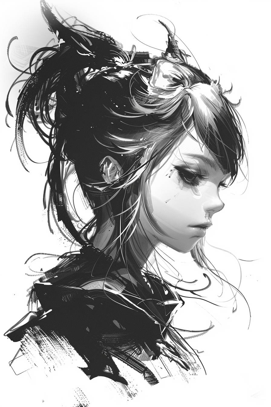 In style of Kawacy, character, ink art, side view