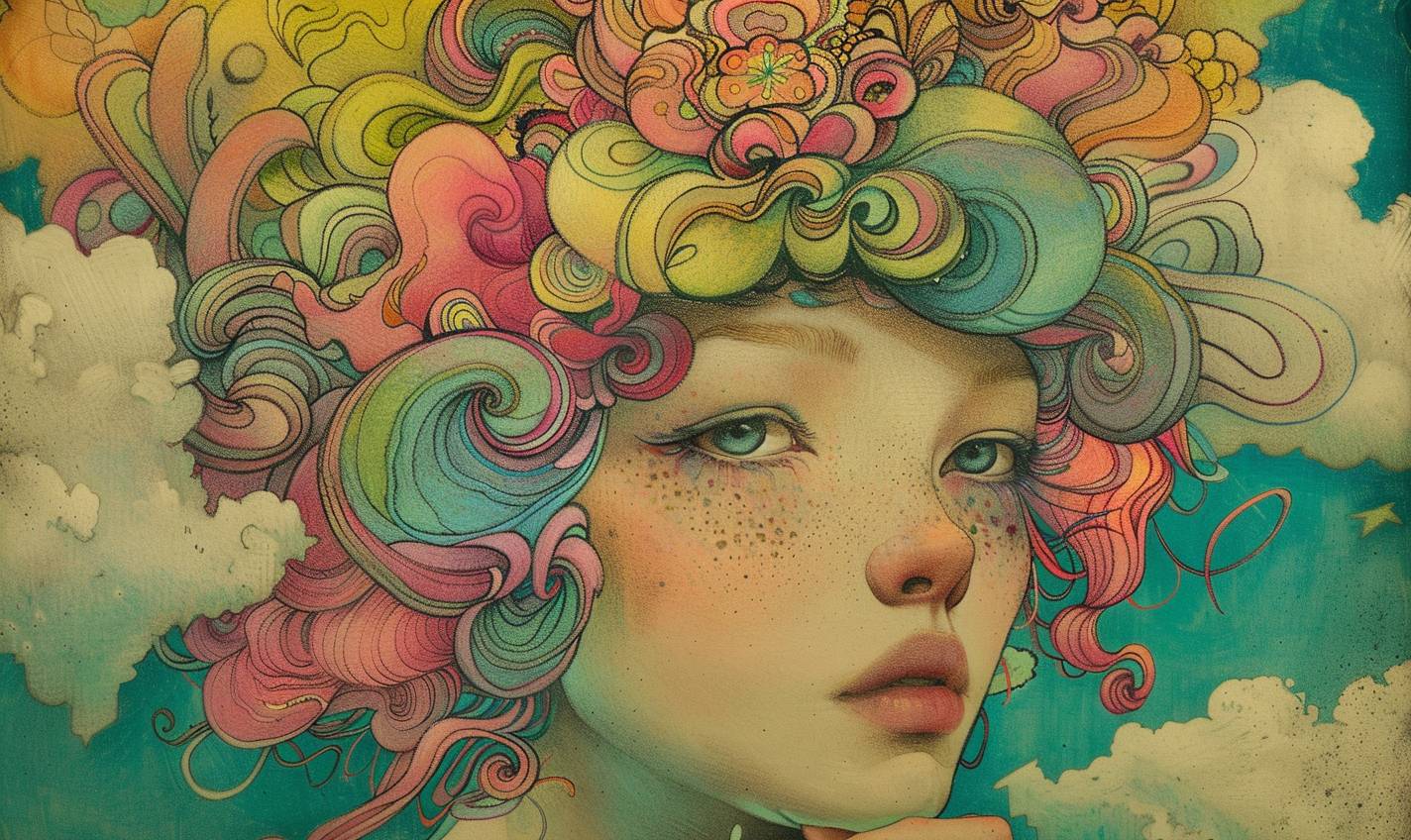 [SUBJECT] in the style of [COLOR], fantasy, vintage, pop surrealism, bright colors, pastel drawing