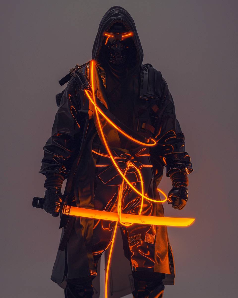 Ninja in the style of neonpunk, light orange and light black, mood lighting