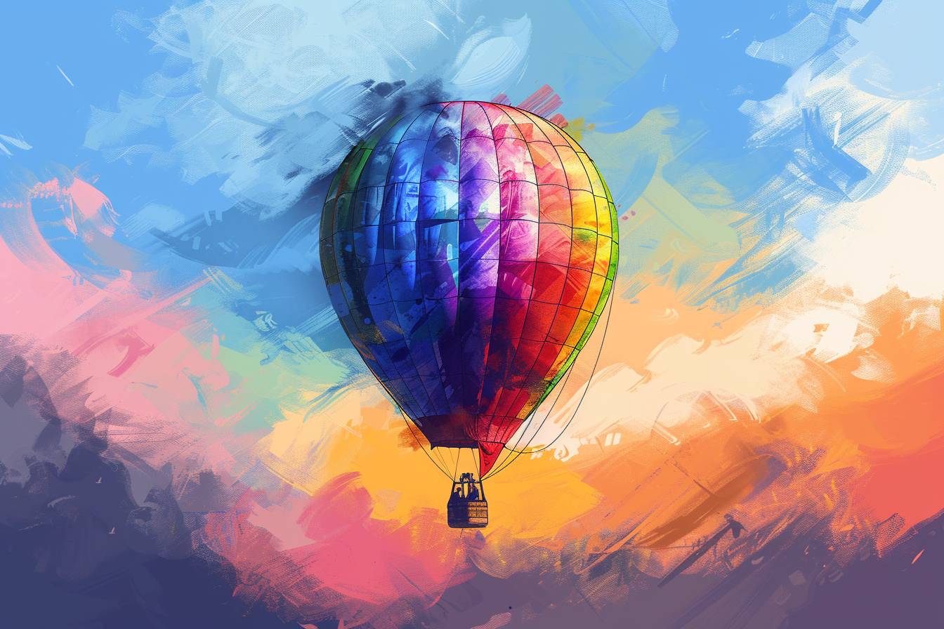 A hot air balloon in Pixel-Brush Fusion style, with rainbow digital brush strokes