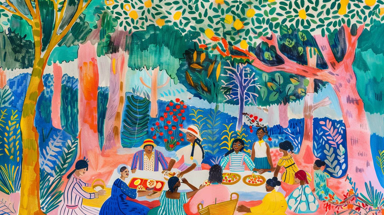 A whimsical and joyful depiction of a summer picnic in a park, using the vibrant colors and playful compositions of Matisse and Hockney. The scene should include picnic blankets, baskets of fruit, and groups of friends laughing and enjoying the sunny day.