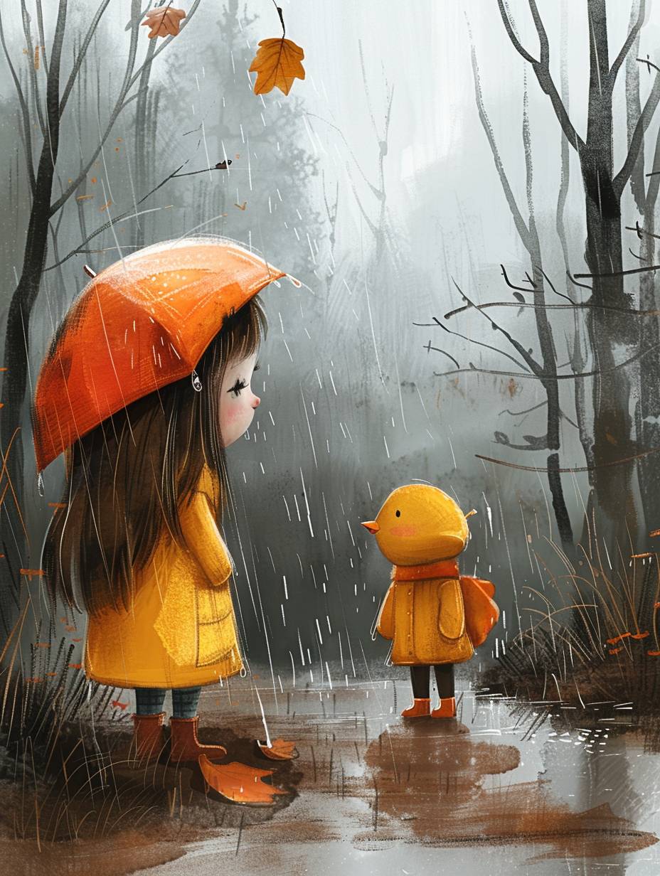 雨の日に湿った心、女の子のキャラクターが登場する雨のシーン、カートゥーンキャラクタースタイル