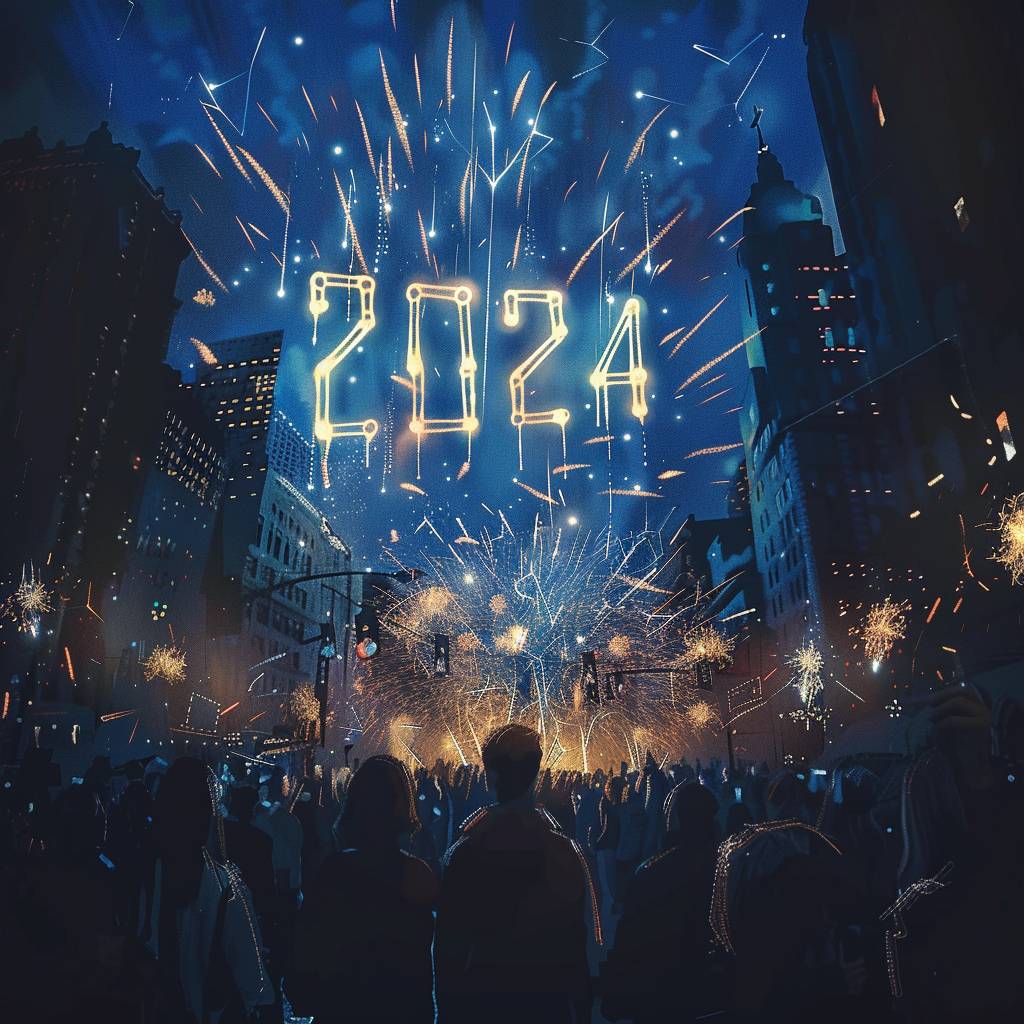 Fireworks dispersing into the shape of '2024' in the night sky, a azure night sky, celebratory crowd in the streets, cartoon style