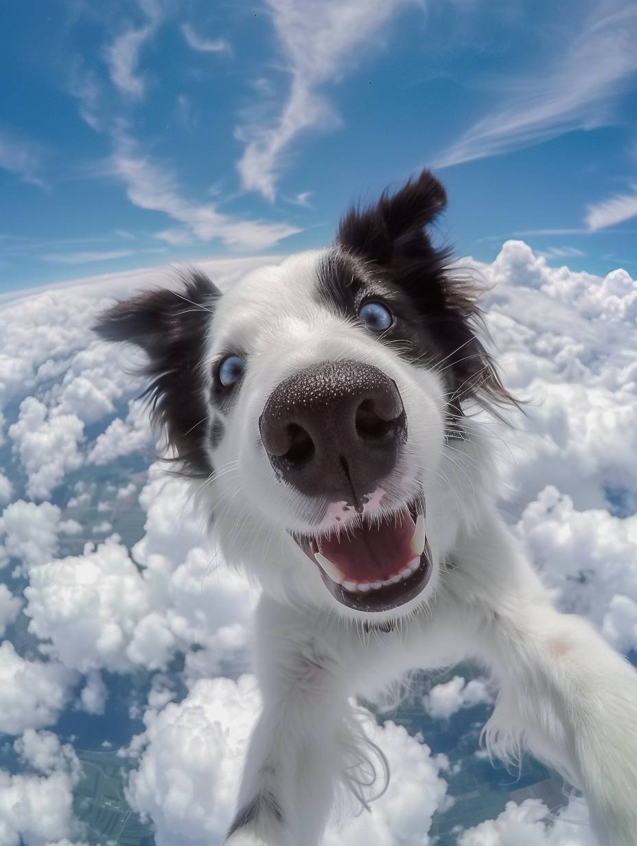 GoPro footage of a cute white and black Border Collie skydiving. Chubby, cute, furry, smiling, fluffy fur, and wide open eyes, looking up at the camera. Clear skies with white clouds in the background. Filmed with a fisheye lens, featuring a 3D character and Pixar animation style with a touch of minimalism.