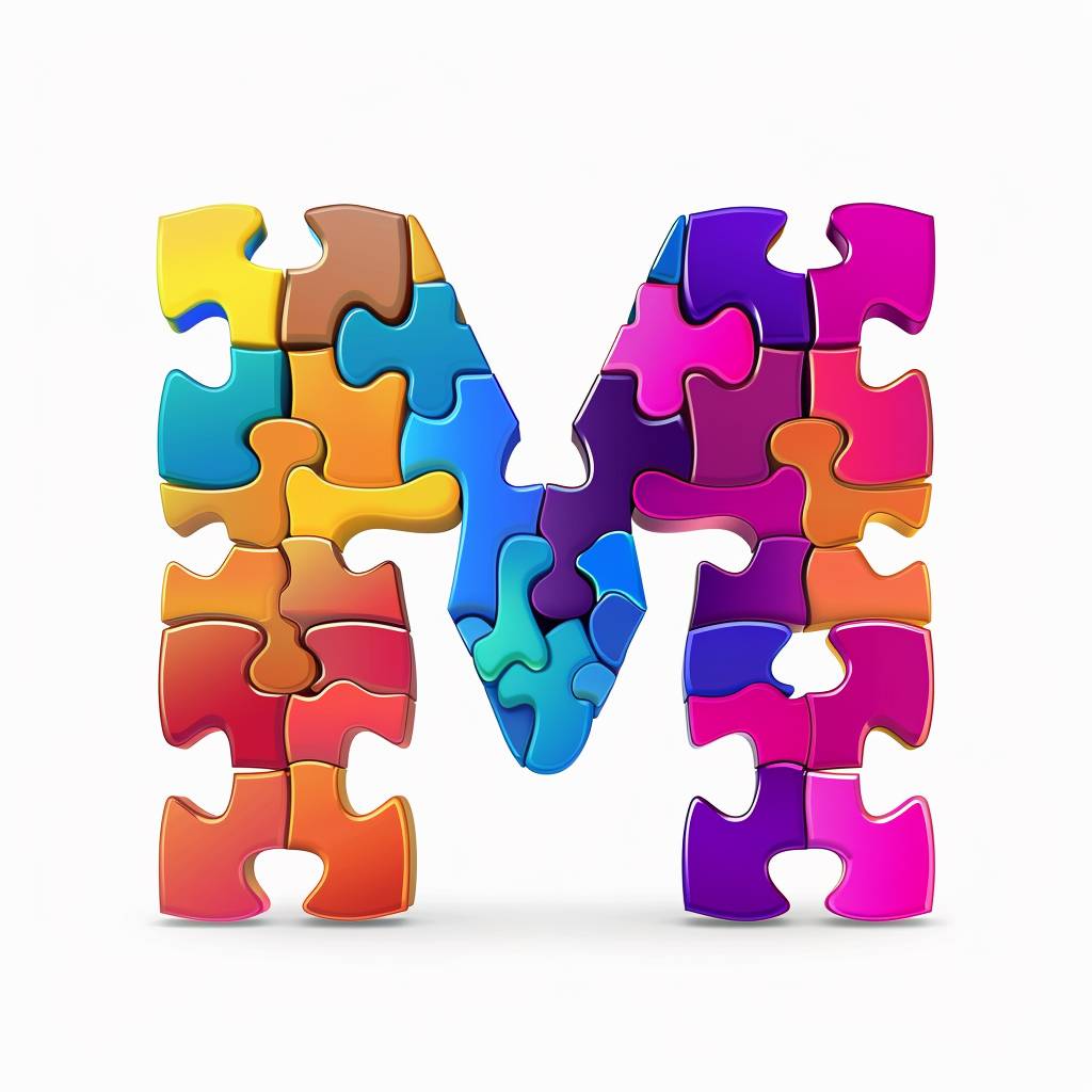 Abstract logo of letter M from colored puzzles on white background.