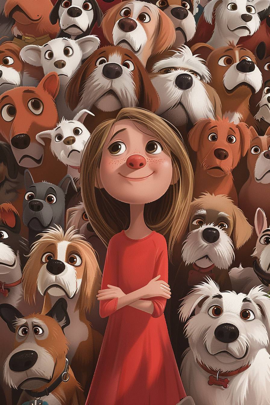 A simplistic Pixar style portrait of a young 9-year-old Caucasian girl with sandy blondish-brown hair standing surrounded by lots and lots of dogs of all different breeds, shapes, and sizes in a Pixar cutesy style