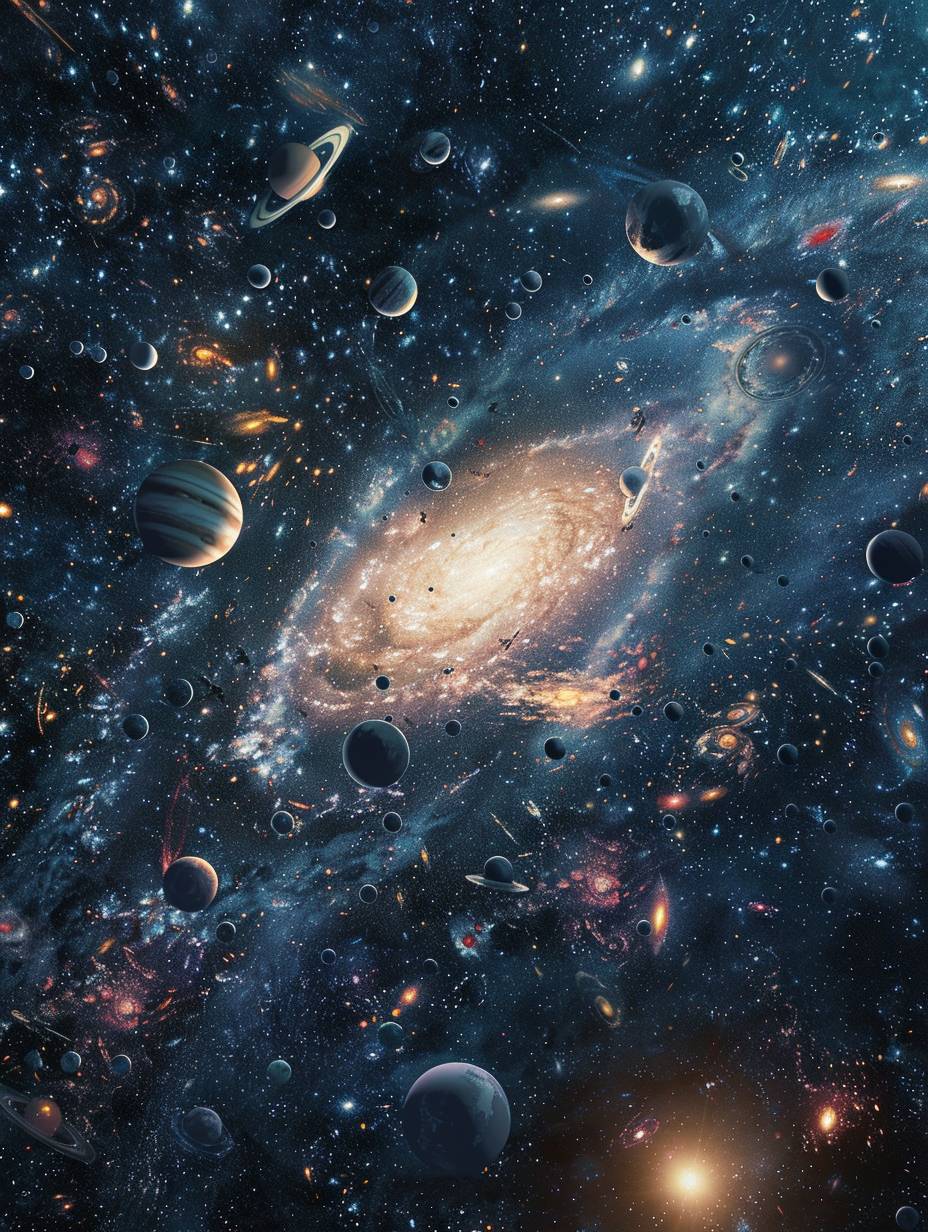 星や惑星からなる[SUBJECT]、宇宙の広大さの中に配置される