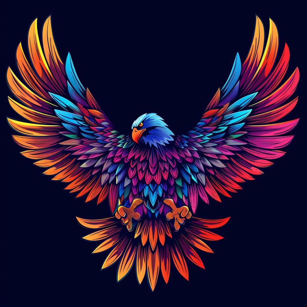 A gaming style logo with an American Bald Eagle flying towards you with wings spread open, vibrant colors, art nouveau.