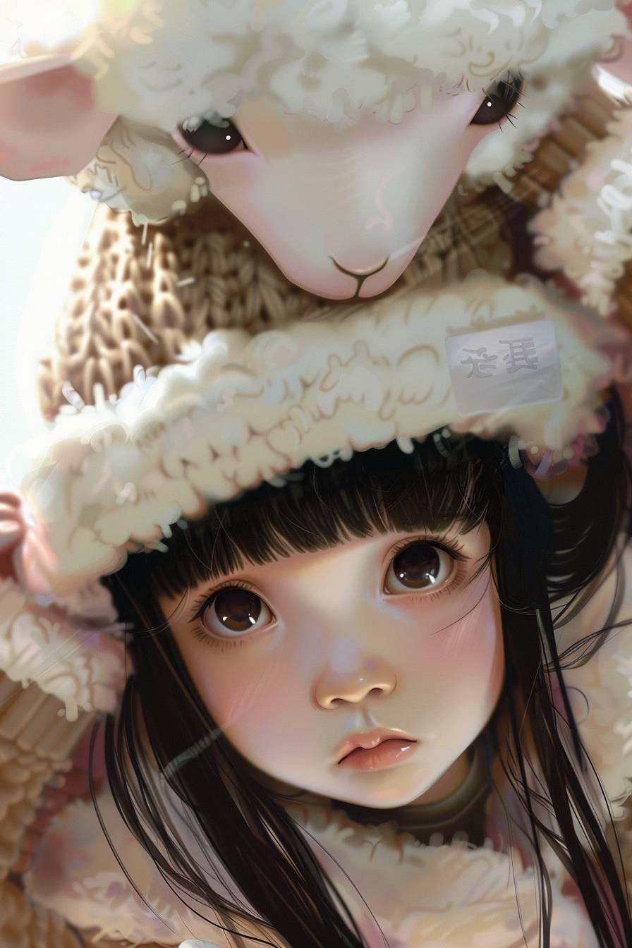 Young girl wearing fine mesh knit hat, black hair, brown eyes looking up, troubled face, fluffy sheep head and tail sticking out of hat, montage, overhead angle, focus on girl's face, Japanese anime style, simple illustration, soft pattern, natural light, depth of field.