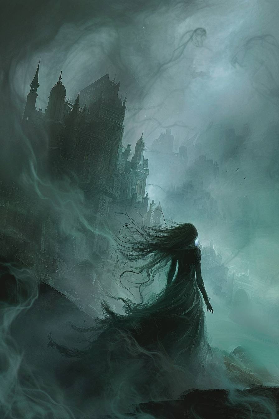 ダークファンタジー本のカバー：[NAME]という本を[WRITTEN BY]が執筆し、長い髪の謎めいた女性、古代の城、渦巻く霧のエーテルなイラストを特色としています