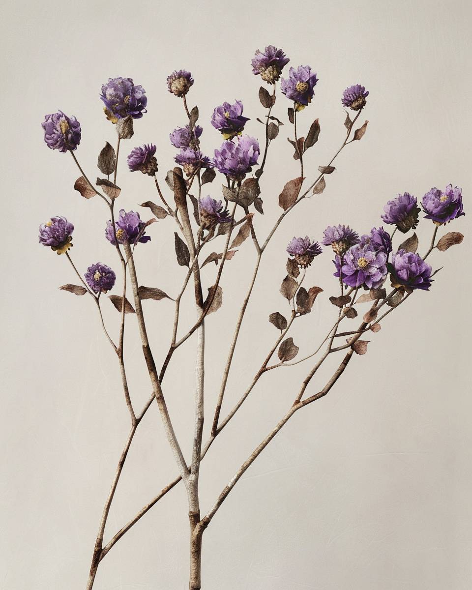 Floral still lifes, in the style of purple and green vibrant tones, photography by kt merry and medardo rosso, subtle textures, minimalist white background, golden hues, Andrea mantegna, vray tracing