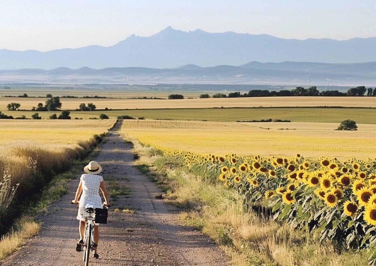 A French woman walking her bicycle, a field of sunflowers along a dirt road