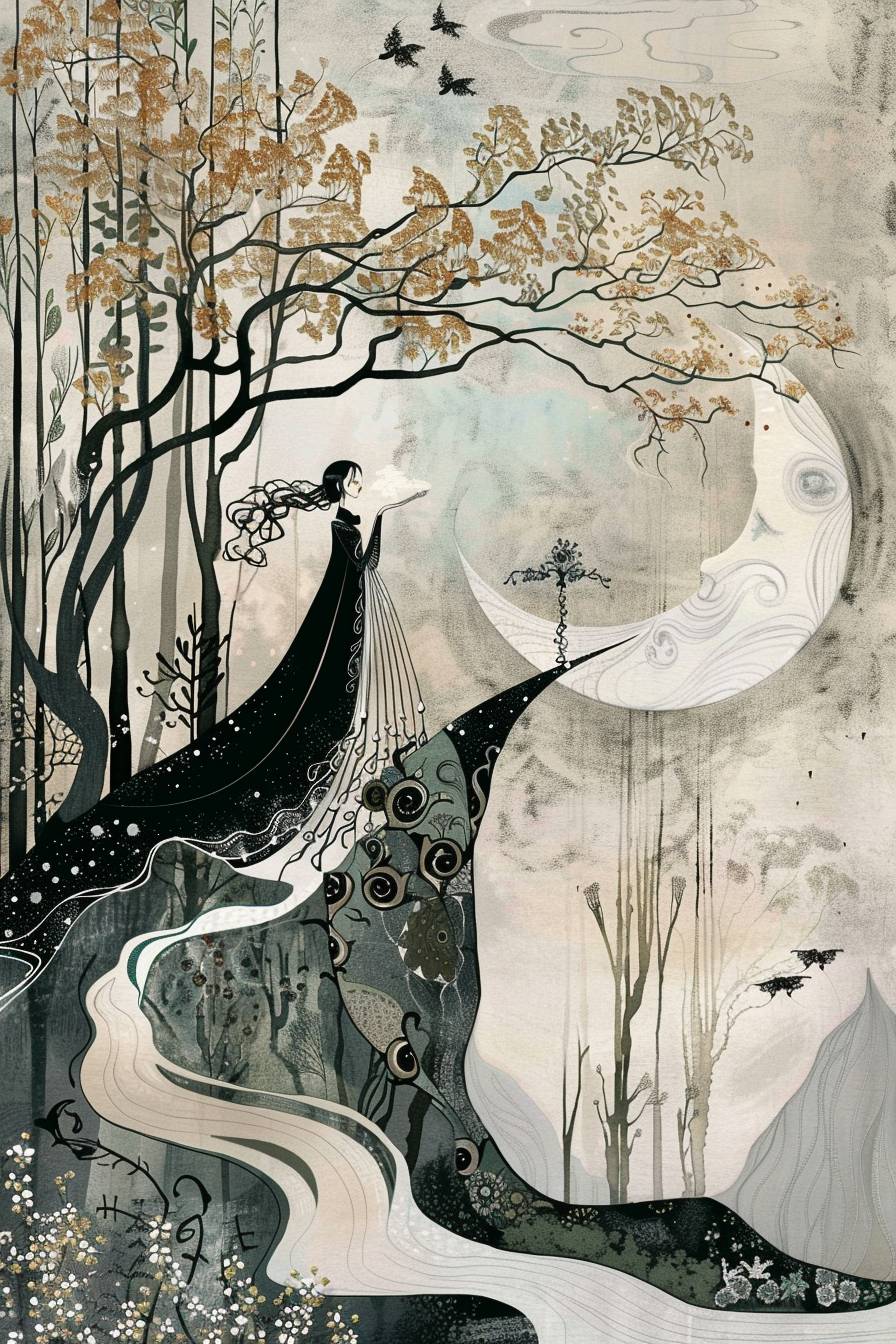 In style of Kay Nielsen, whispering winds carrying echoes of the past