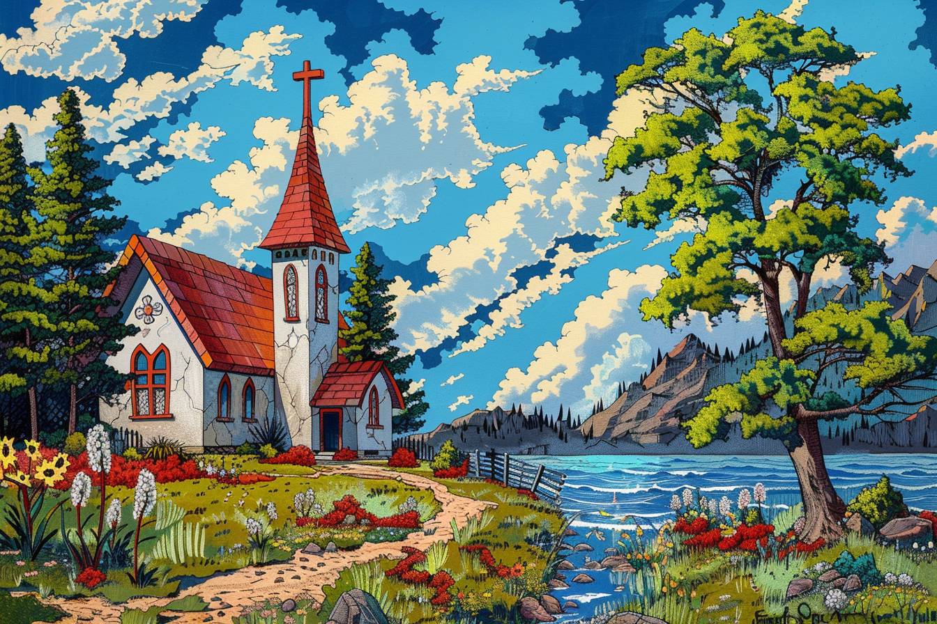 In the style of Mike Allred, stunning natural landscape, church