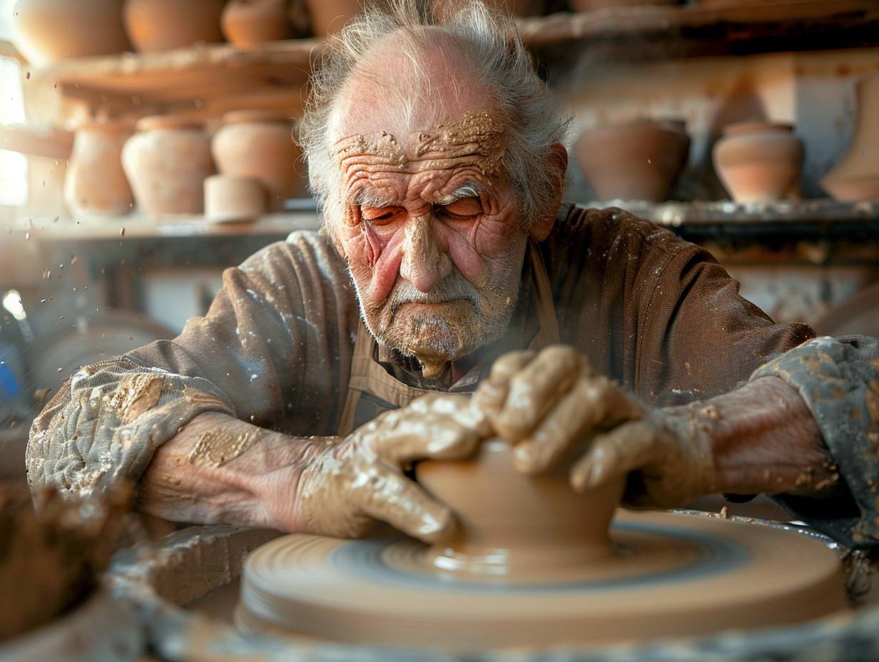 An elderly potter with hands covered in clay is working at the wheel, creating pottery with deep lines on his face. The atmosphere in the rustic studio is serene in the afternoon, with shelves filled with finished pottery and a kiln in the corner. The close-up shot captures the hands and face of the potter, with natural light filtering through a dusty window and clay particles suspended in the air. High-resolution texture.