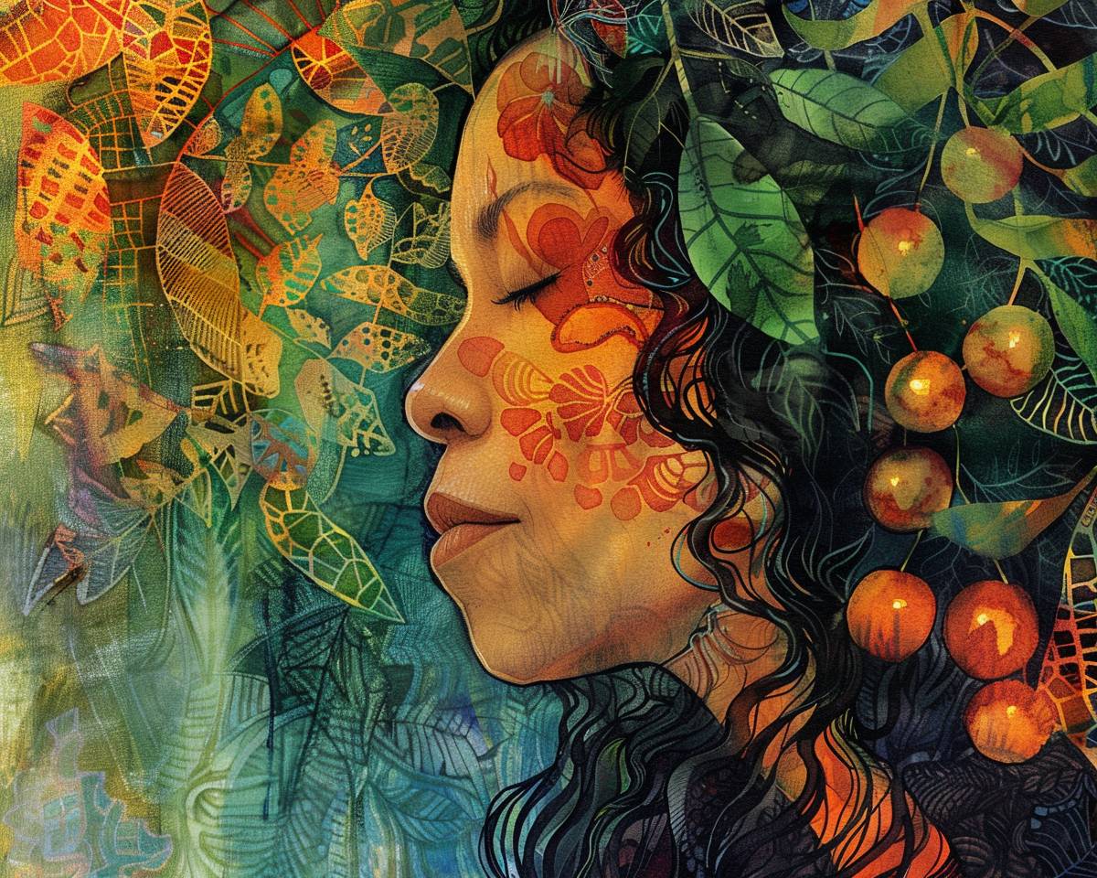 MJ- a woman emerges from a many loquat, nispero fruits, long black hair, bronze skin, indigenous Cuban native american, reaching the critical point of orange shown as red fractal shapes blending together, in Ethereal Watercolor style, with green and blue dreamy washes, nispero, loquat