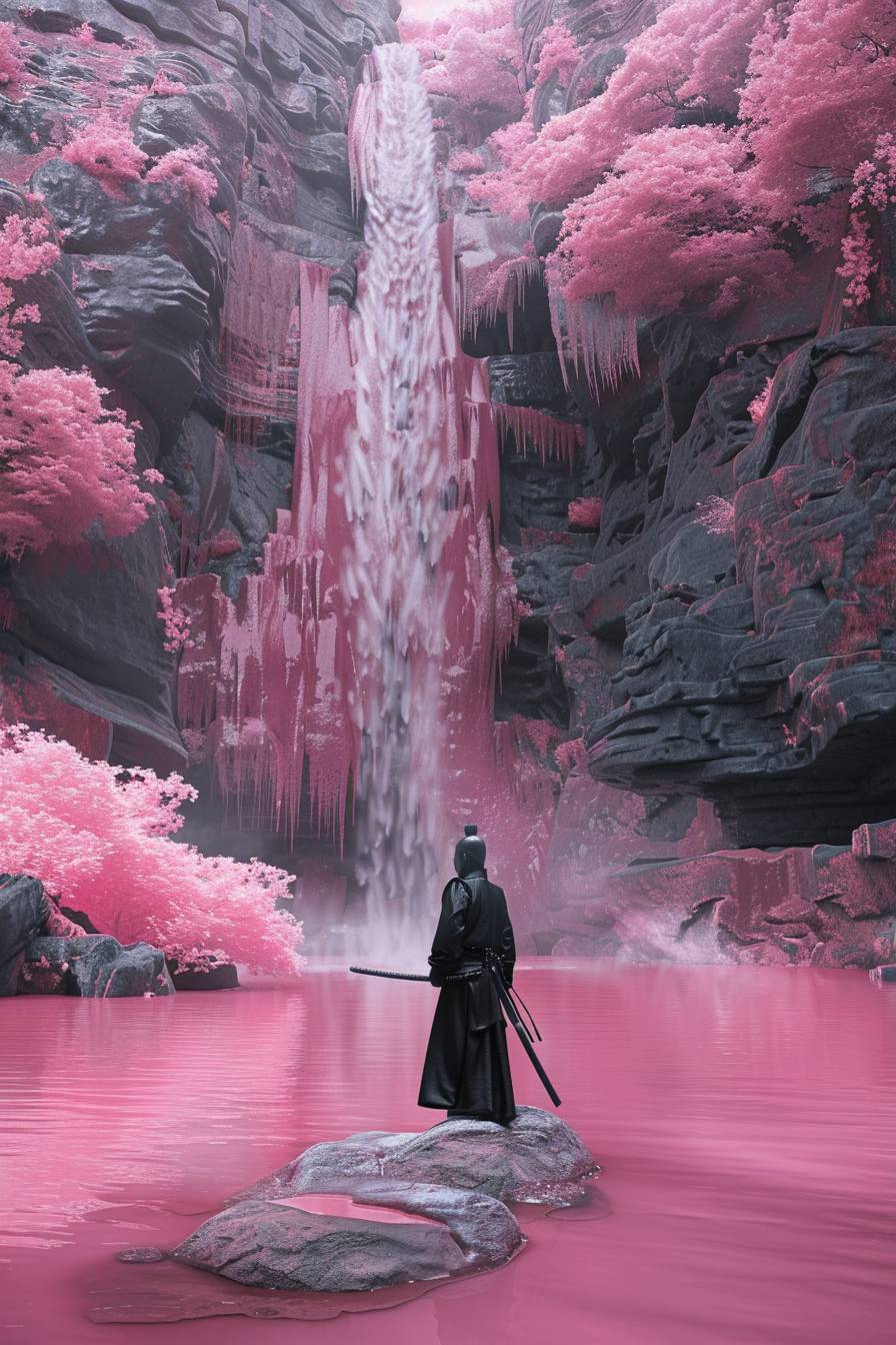 Create an image that captures the essence of a solitary swordsman in black traditional attire, reminiscent of Jet Li in a Tsui Hark film, standing on a rock in a pink lake, facing a grand pink waterfall. The swordsman should embody the heroic and aloof spirit, exuding an aura of courage and determination that is characteristic of a true warrior. The pink waterfall should be a spectacular sight, creating a strong visual impact and serving as the focal point of the composition. The clear pink lake water should contrast sharply with the swordsman's figure, highlighting his loneliness and resolve. The image should be minimalist, focusing on the essential elements and using the dreamy atmosphere to evoke contemplation and imagination, conveying a profound artistic conception. The composition should be surreal and ethereal, with high color saturation and strong color contrasts that emphasize the fantasy and fashion elements. Render the image in 8K for the highest quality, ensuring that every detail is crisp and vivid, reflecting the surrealistic style.