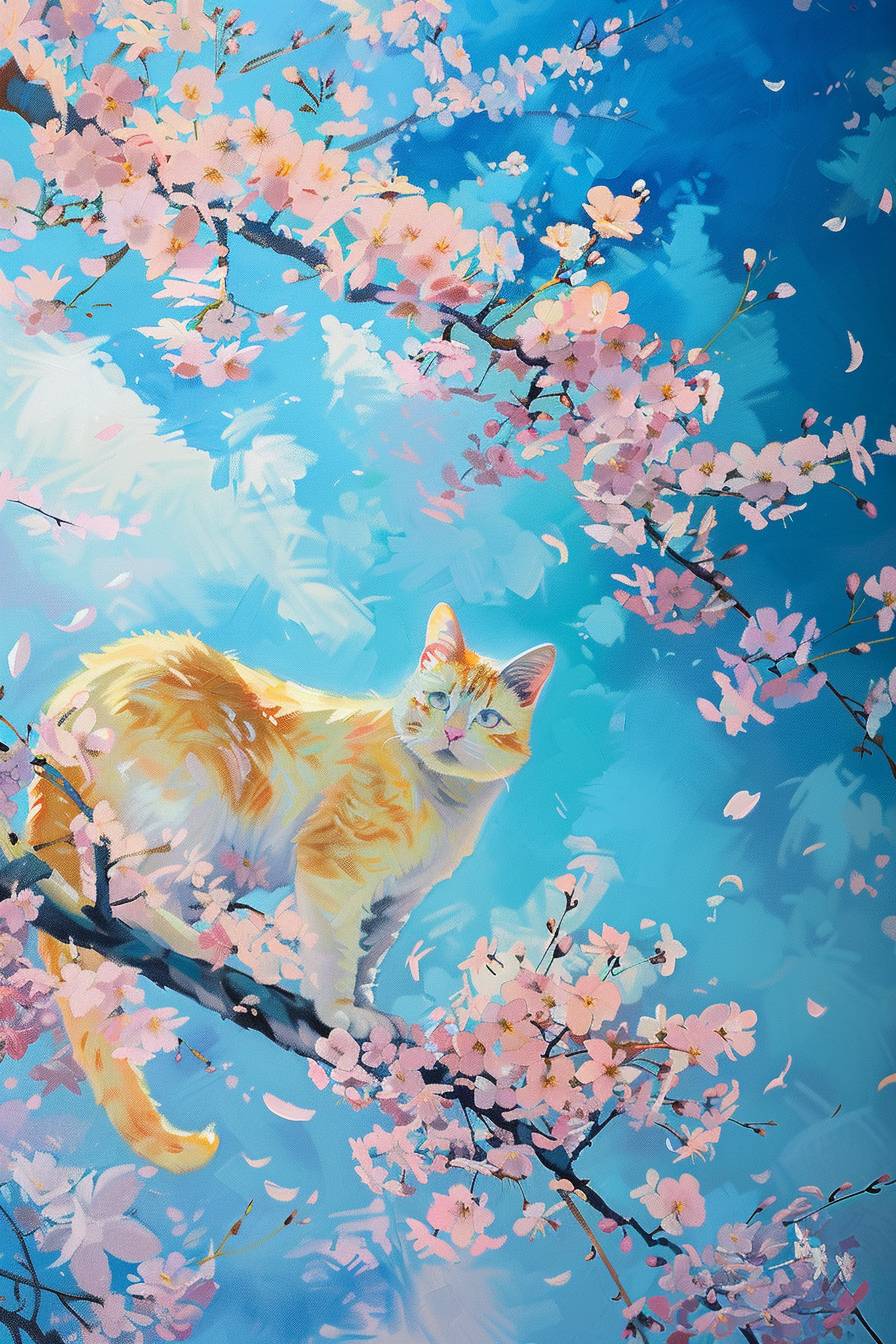 A yellow and white cat is standing on the branch of a cherry blossom tree, surrounded by blooming pink flowers. The sky above them reflects a bright blue hue, creating a dreamy atmosphere. This painting evokes a sense of tranquility and beauty in the style of Anime.