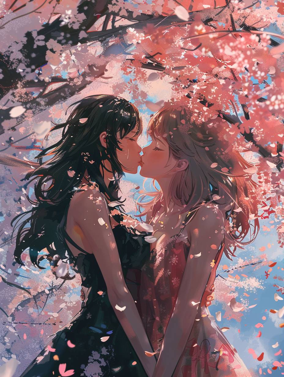 Two anime characters share a tender moment beneath a canopy of cherry blossoms in full bloom, petals drifting around them