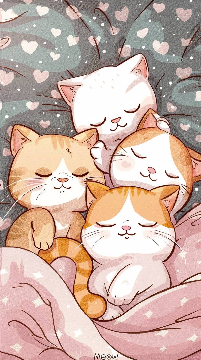 Cool Mosquino Teddykitty Family, "Meow" Cute Cats Drawings, Pastel Brown, White, Pink, and Ocre, Cute Sleeping, Super Cool Design Vectorized Super Clean, White Background, Sticker Format