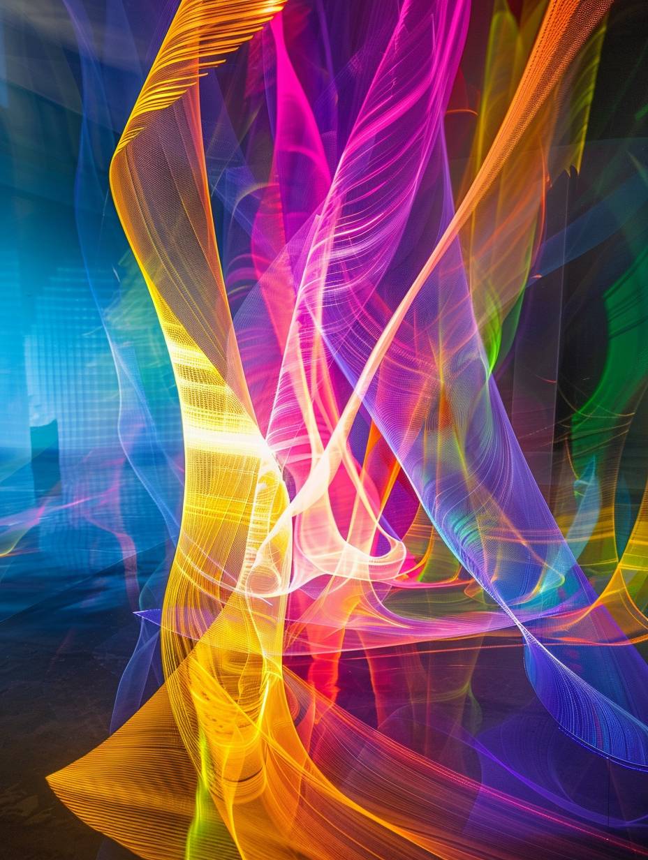 光の材料でできた、生物発光の虹色のラインで、フォトネガティブの屈折写真術のスタイルです。