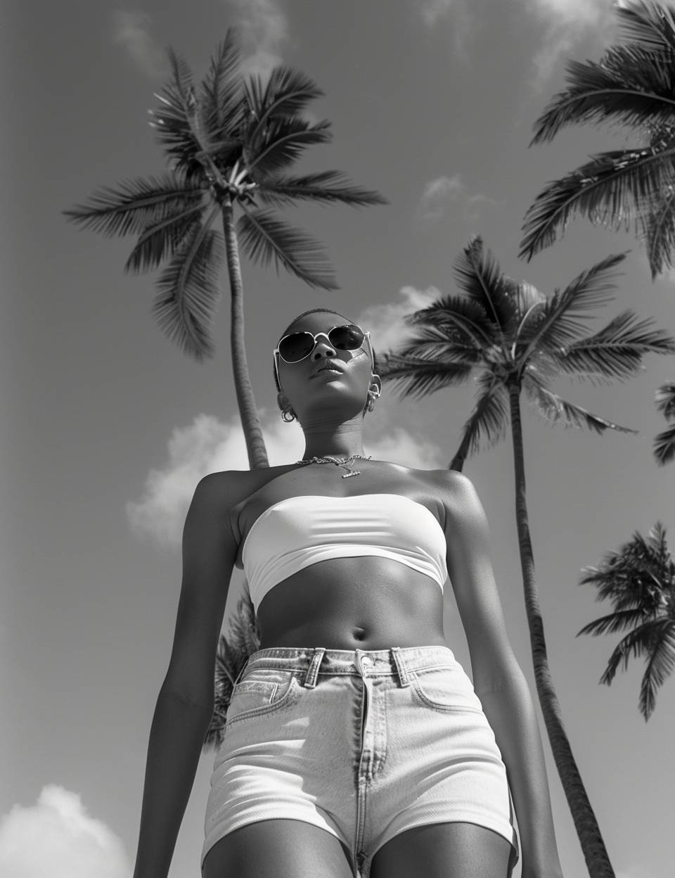 Impudent summer fashion. Very Low angle black and white photo of an African woman wearing denim shorts and sunglasses, standing in the middle of palm trees on a tropical island, sky background, low-angle shot, dynamic pose, natural lighting, full body shot.