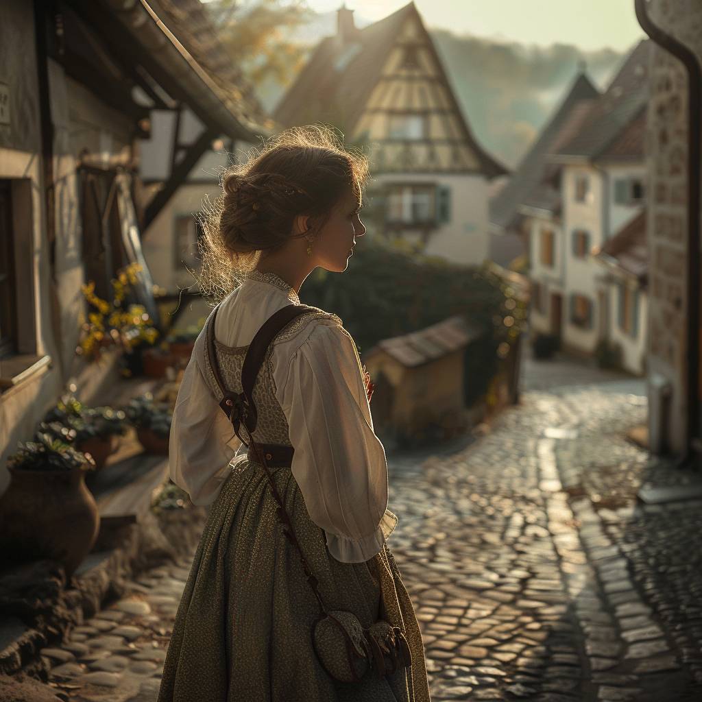 Portrait photography of a woman in traditional dress, located in a historic village, during mid-morning, with magical light, shot at eye level, creating a dreamy atmosphere with cobblestone streets, old buildings, soft colors, and an ethereal mood