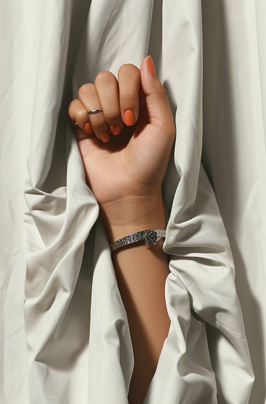 A hand with a bracelet and ring is emerging from behind a light grey fabric. The skin of her arm glows in soft tones as soft light illuminates it against a delicate light background with a minimalist, beautiful style in the style of Tim Walker.
