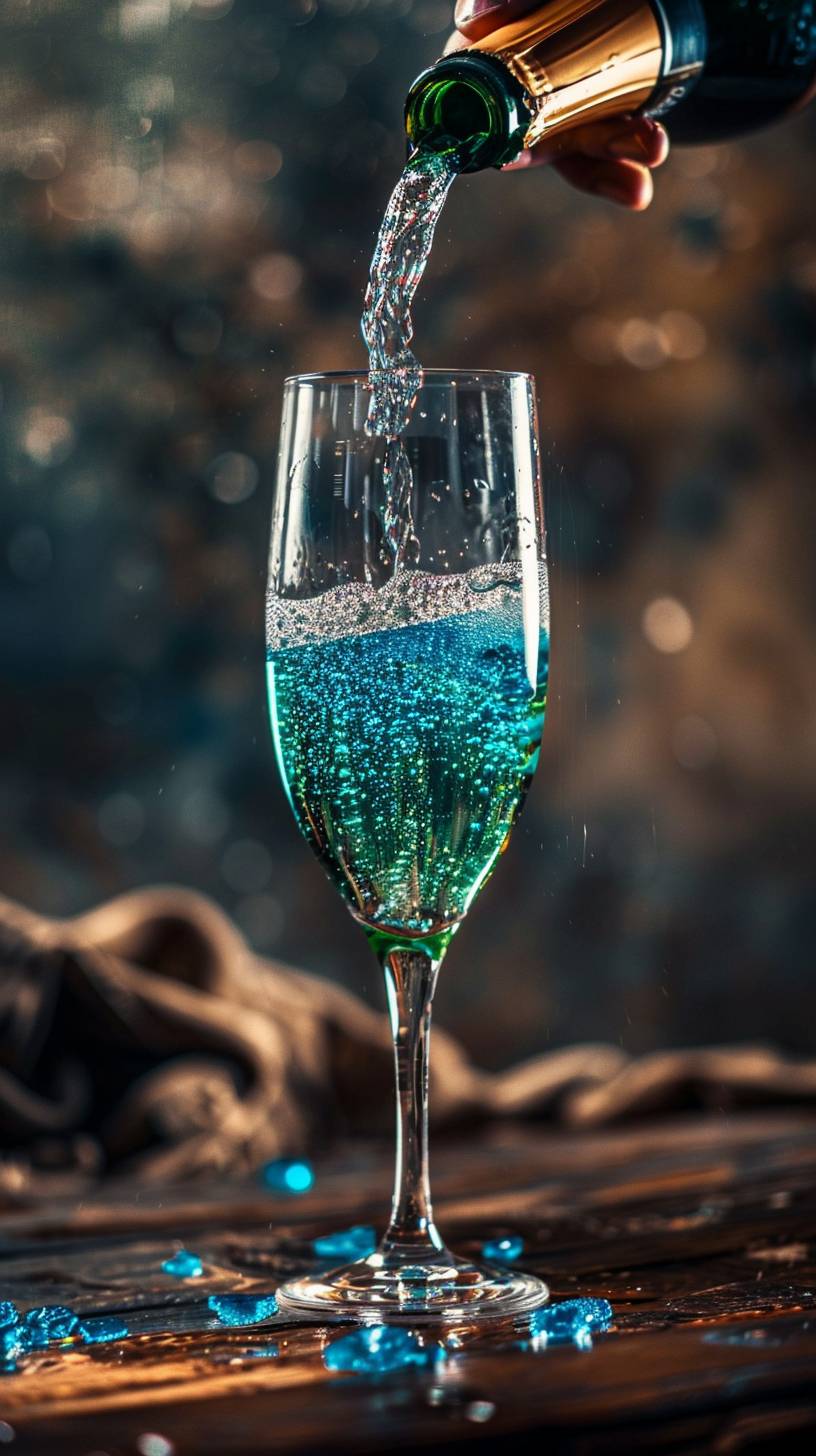 The glass of wine is filled with blue sparkling green, and the bottom liquid flows down from above to form two layers. The hand pours out an elegant bottle into it, and in front of him stands on top of a dark wood bar counter. Old background, in the style of professional photography, in the style of advertising style photo, high resolution.