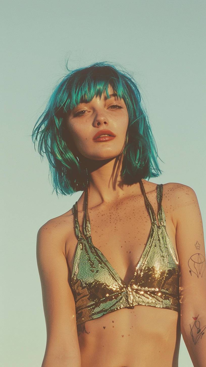 35mm photo, A young stunning woman with vibrant blue hair, wearing a metallic jumpsuit adorned, Ektachrome