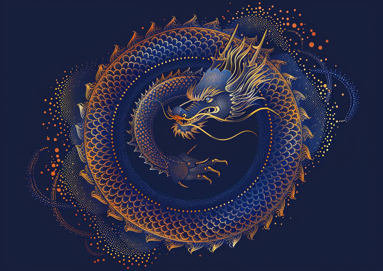 A vector illustration on a blank canvas, using cobalt blue and gold phosphor dots of varying sizes, forming an ouroboros symbol in Chinese dragon style, utilizing negative space