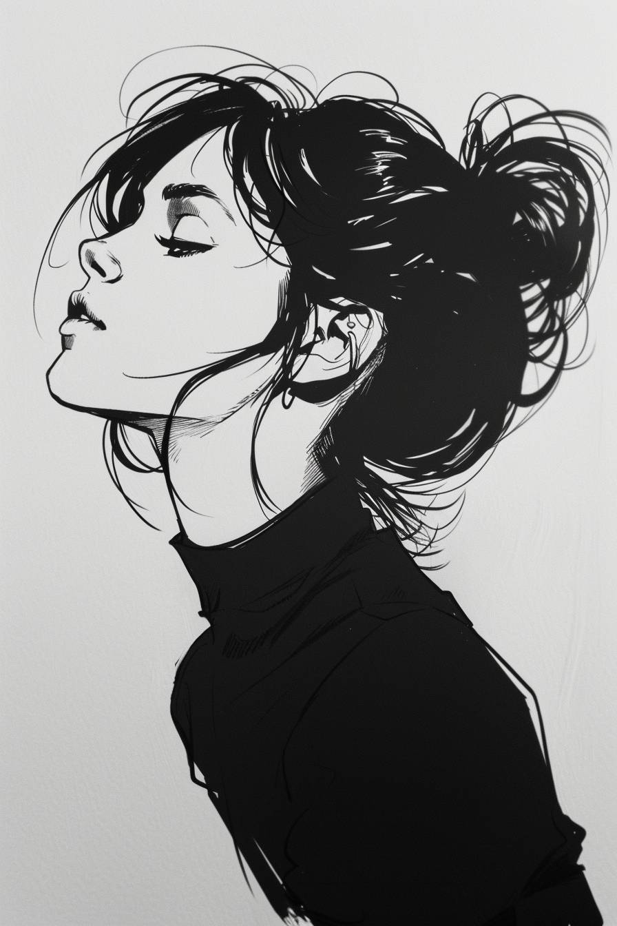 Character in the style of Ilya Kuvshinov, ink art, side view