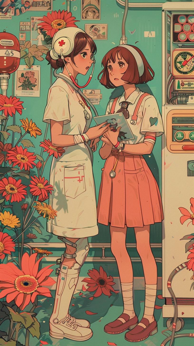 Nurse using predictions to route a patient down the right path of care, colors by Okumura Togyu, featured on pixiv, toyism, tarot card, anime aesthetic, flat colors