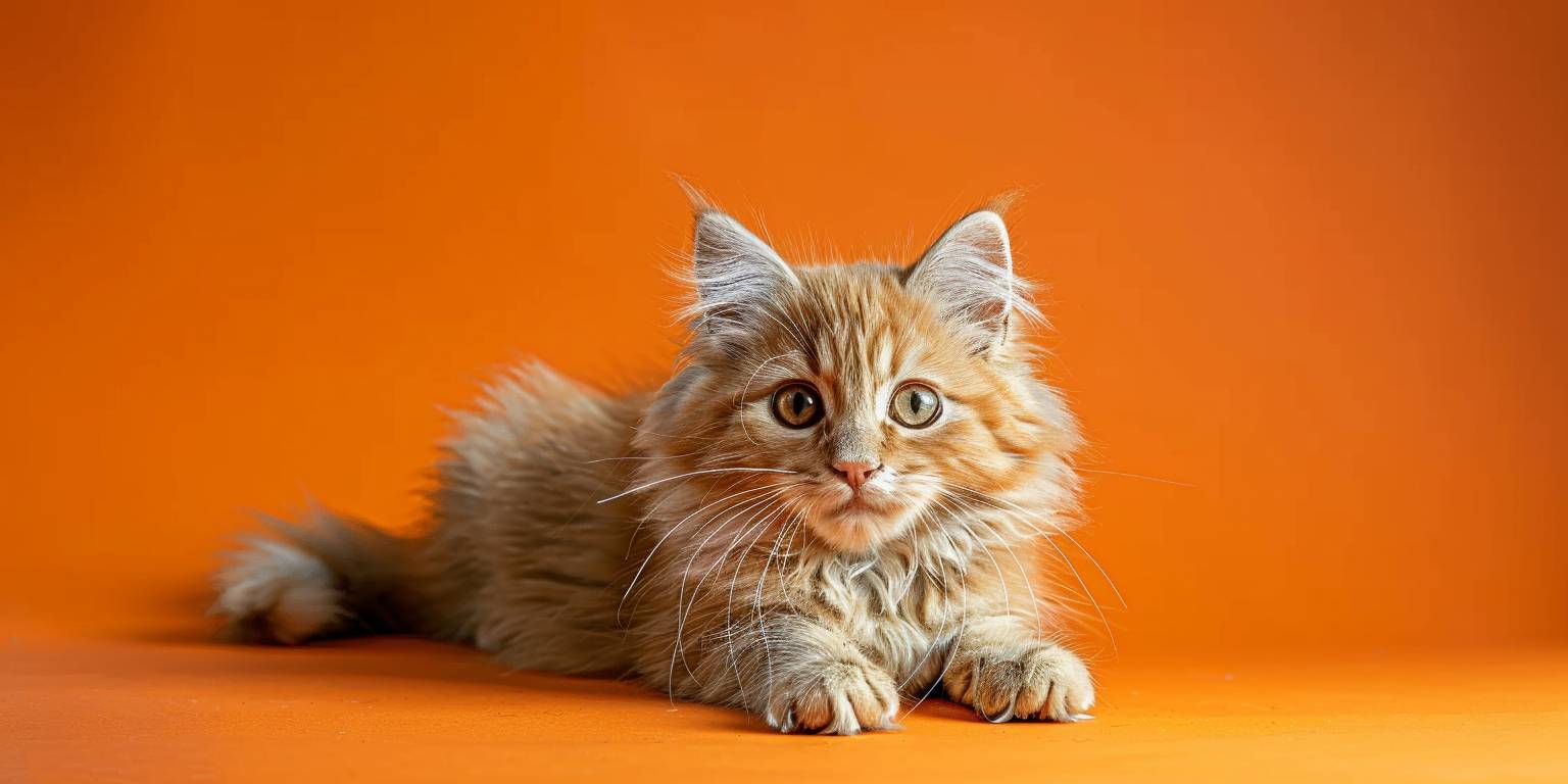 Full-body cat, a fluffy snowcat, solid color background, orange background, high resolution photography