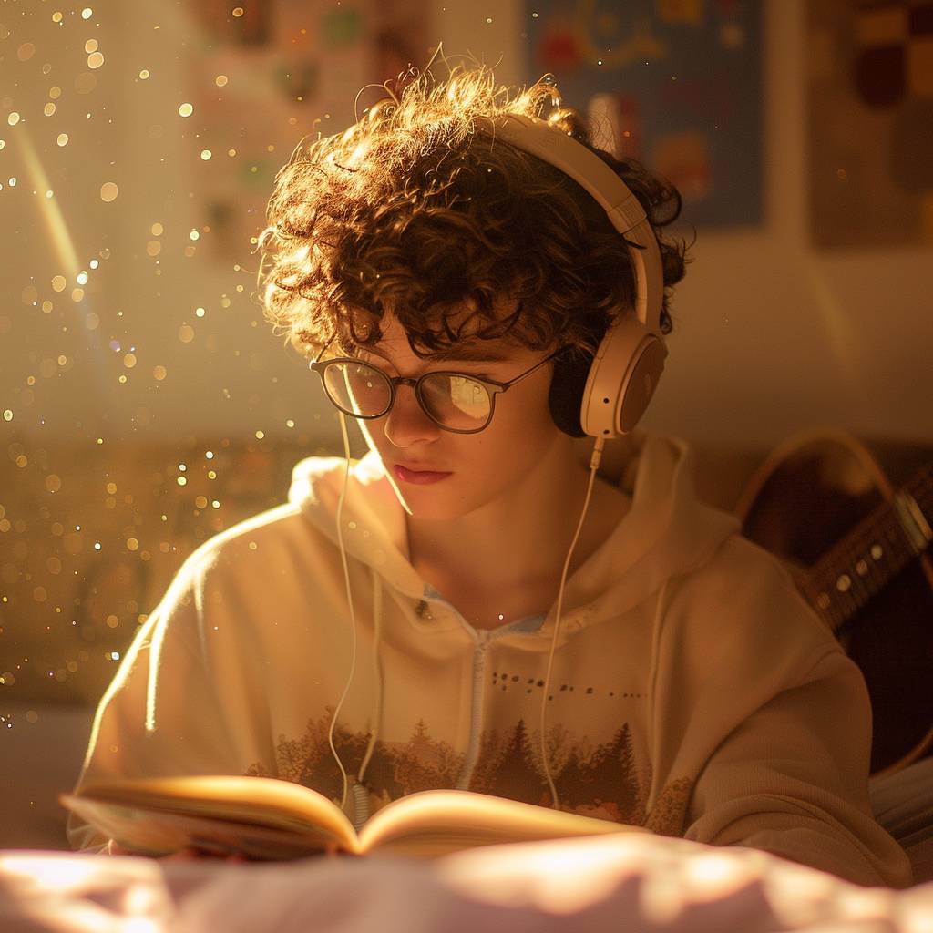 Teenage boy with headphones, lost in a book. Curly hair. Glasses perched on his nose. Cozy bedroom. Late afternoon. Posters on the wall, a guitar leaning against the bed. Close-up shot, head and shoulders. Warm lighting, sunbeam highlighting dust particles in the air. Depth of field.