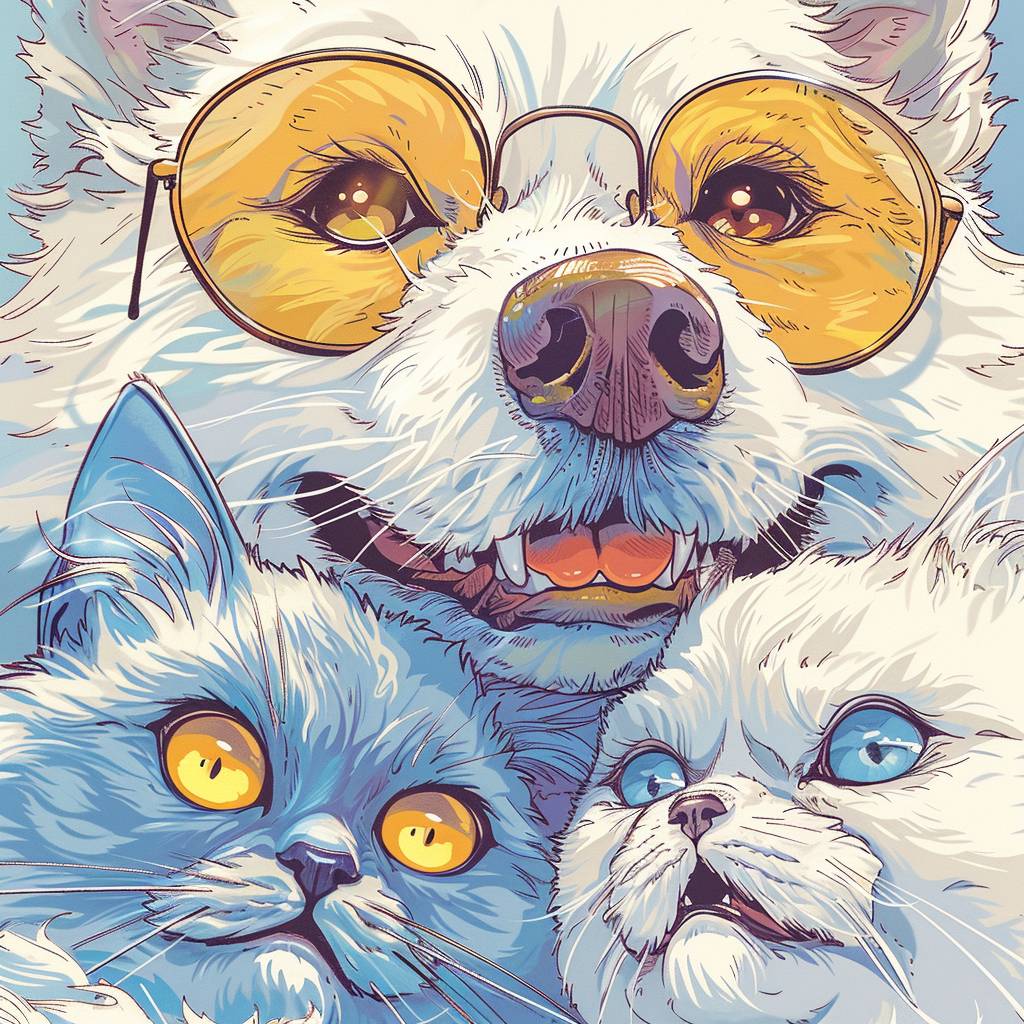 A all white Shiba Inu and a Persian cat with yellow eyes and a Persian cat with one yellow eye and one blue eye and a white Pomeranian are celebrating in office, with a ligne claire style, close-up, line work, concise and vibrant, dull color, impressive, graphic, cartoon illustration, detailed.