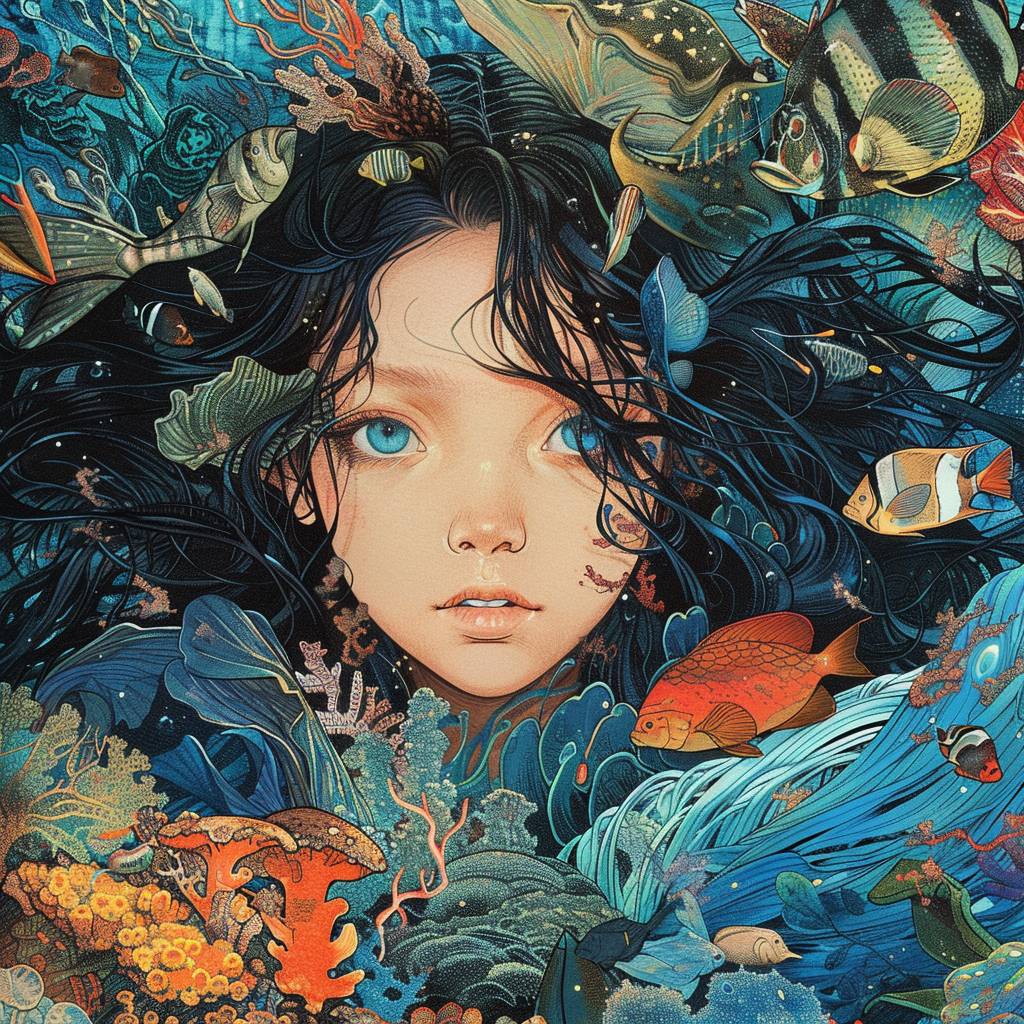 An enigmatic Asian woman with long dark hair and blue eyes, surrounded by vibrant marine life in the ocean depths, in the style of Katsuya Terada. The background features v6.0