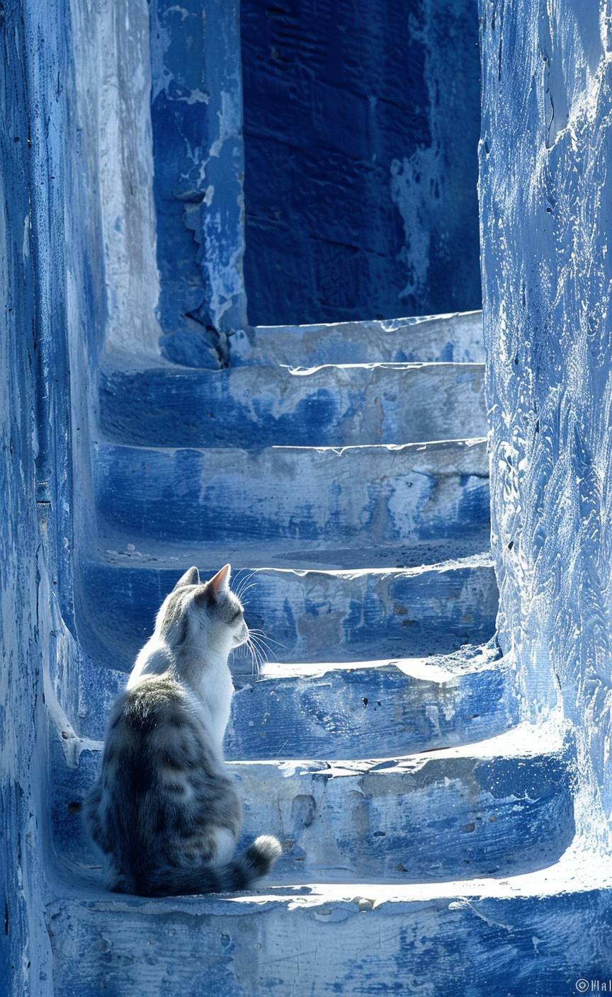 ギリシャ、カルパソス島の階段に座っている猫の現代アート作品、青と白のトーン、レンブラント・ファン・ラインとインゲ・シュスター、シュテファン・ゲゼル、ジェラルド・スカーフェによる作品、アントン・セメノフとアーサー・ボイドのスタイルで描かれている