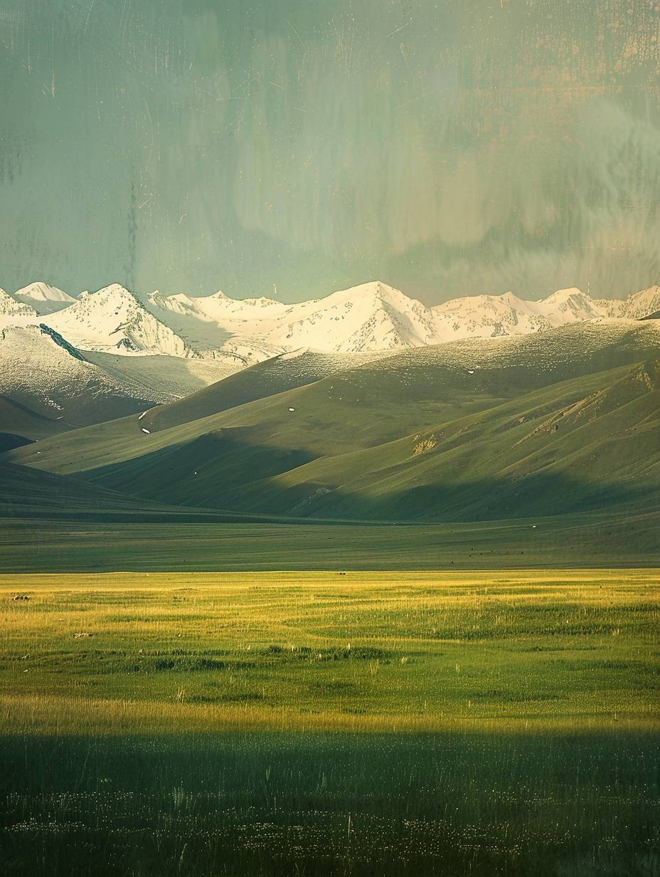 In the distance is a snowy white mountain range, with golden sunlight shining on the white snow, and a background of a large green grass field. This is a photo with a real texture.