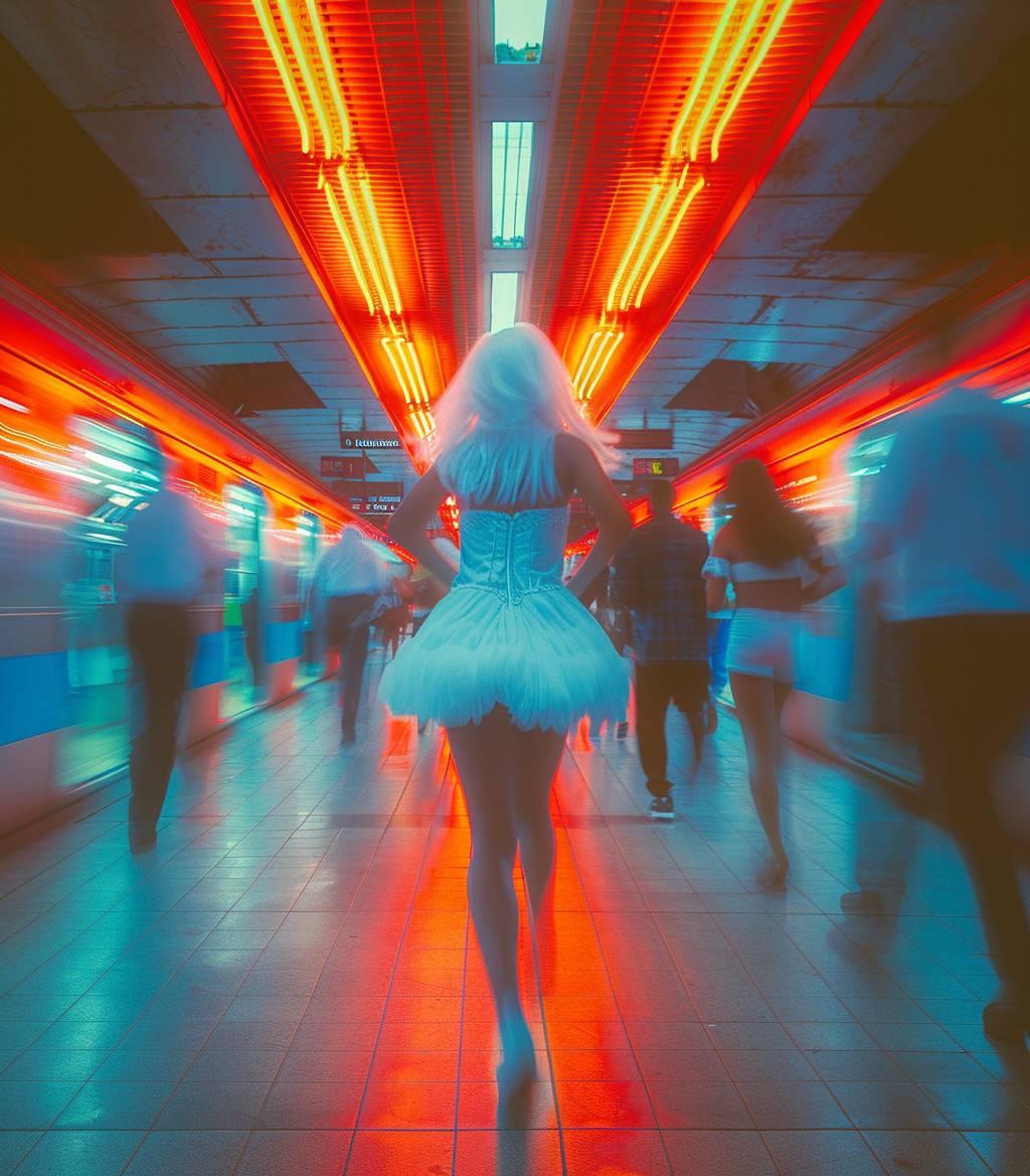 A photograph of a black woman with white hair, running seen from behind, wearing a blue and white dress, running through people in a subway, with red and orange neon lighting, motion blur, 80s atmosphere, retro vintage, grainy film effect, wide angle, taken with a Fujifilm X100F camera.
