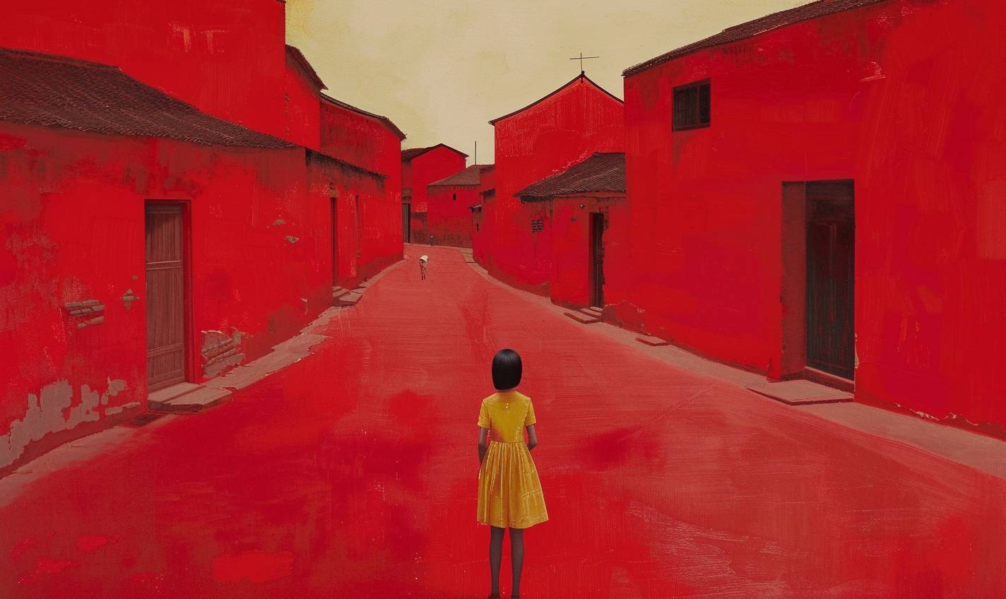 リュウイエの絵は、赤い村で美しいイエローの純真な子供時代の曖昧な記憶を描いています--スタイライズ75--v 6.0--ar 5：3