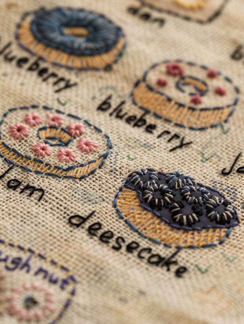 An embroidery pattern of small embroidered icons on linen fabric, featuring "blueberry jam", "doughnut" and "cheesecake". The patterns have delicate stitching details with natural colors such as beige for the background color. There is also some text in black thread underneath each icon that reads its name. A closeup shot captures intricate stitches forming various shapes like donuts or cakes, adding to their realistic appearance in the style of realistic embroidery.