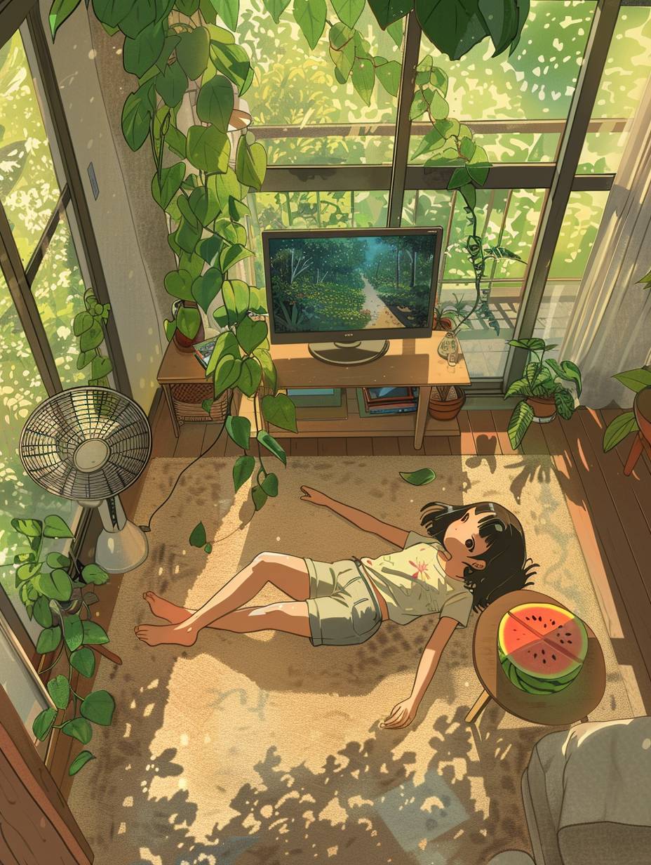 A cute girl is lying on the carpet in the living room. The scene is a sofa, a coffee table, a TV playing cartoons, a fan, a cut watermelon on the coffee table, and green leaves outside the window. In the hot summer, Live-action style, realistic, Ghibli-style --ar 3:4 --style raw  --v 6.0