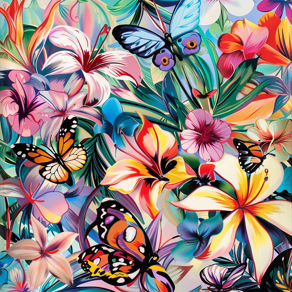 A beautiful garden filled with colorful flowers and butterflies. The air is filled with the scent of blooming blossoms. In the style of a botanical drawing by Emilio Pucci --v 6.0