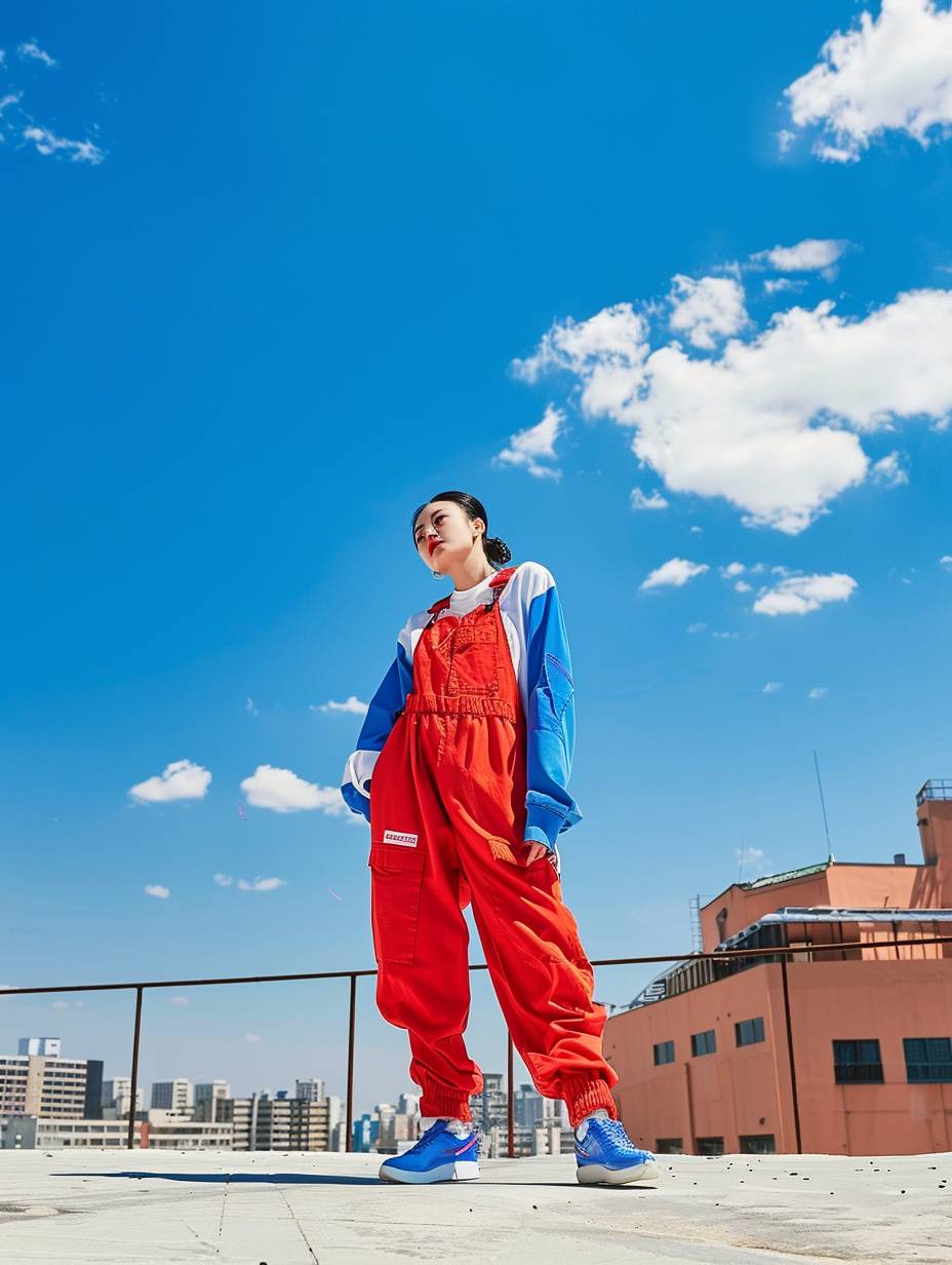 明るい赤いワイドサロペットと青いスニーカーを履いた韓国の美女が、晴れた青空の下で自信を持って立っています。空には数倛の白い雲があり、背景には工業ビルや明るい色彩、自然光があります。